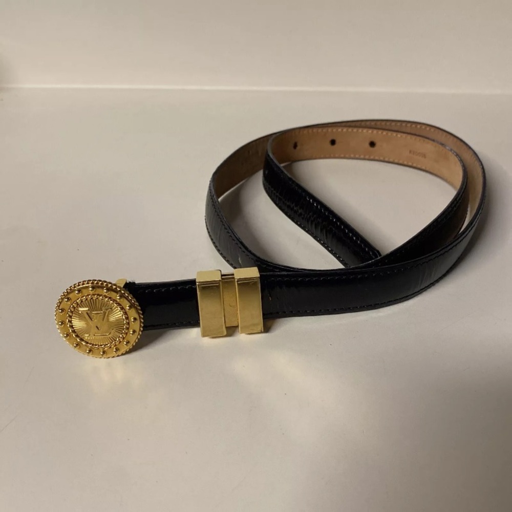 Authentic LOUIS VUITTON Circle Belt Enamel Black/Gold 80/32 LV Rare Patent Skin